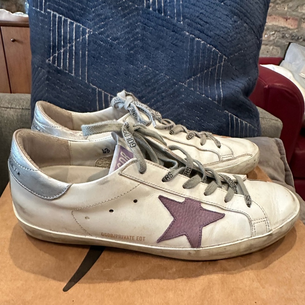 Golden Goose White and Purple Superstars.